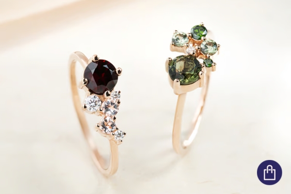 Cluster prsteny s vltavíny a granáty