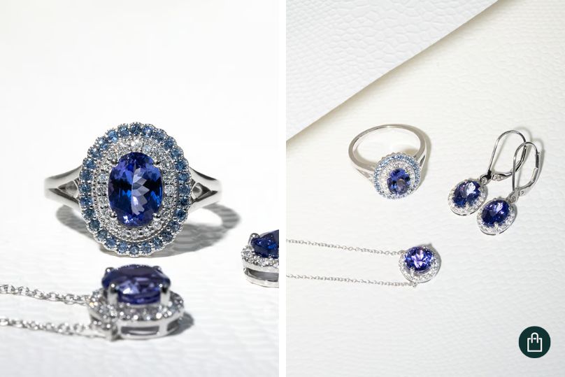 Kolekce tanzanitových šperků – prsten, přívěsek a náušnice s diamanty a safíry