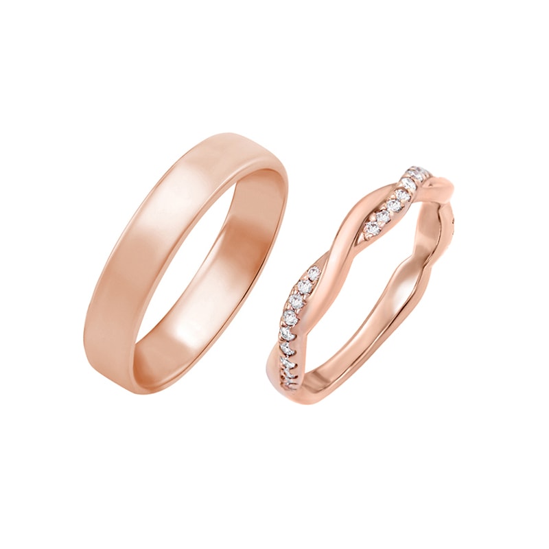 Zlaté snubní prsteny s eternity prstenem a pánským komfortním prstenem 29630