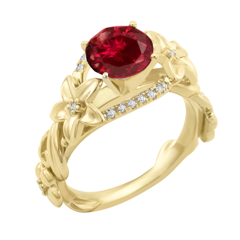 Zlatý prsten s květy a tmavě růžovým turmalínem 5040