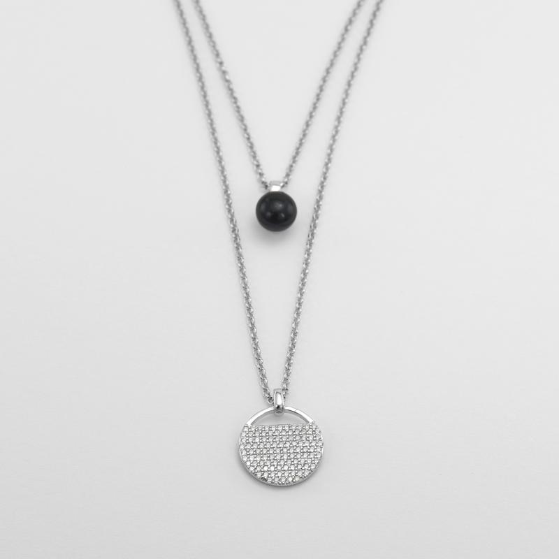 Stříbrný náhrdelník s černou perlou a zirkony 51710