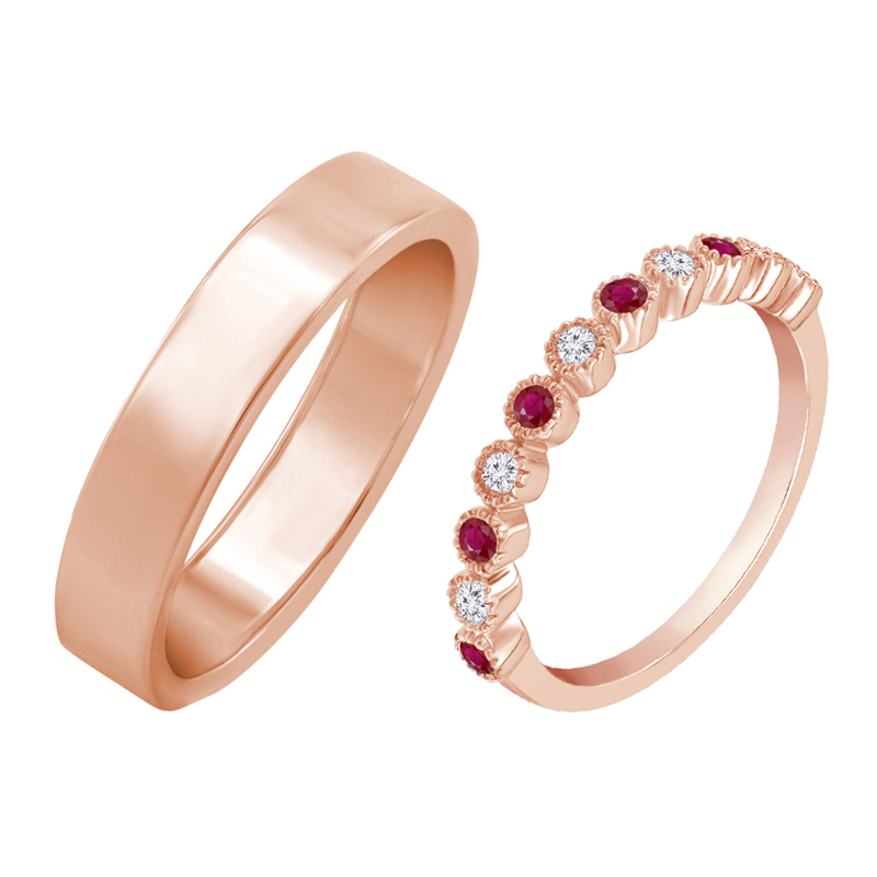 Snubní prsteny s eternity dámským prstenem s diamanty a rubíny a plochým pánským prstenem 58610