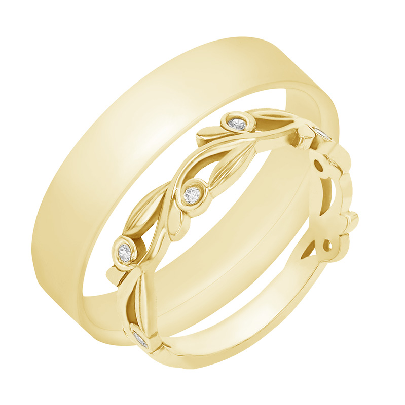 Dámský prsten ve tvaru lístečků s diamanty a pánský plochý prsten ze žlutého zlata 78990