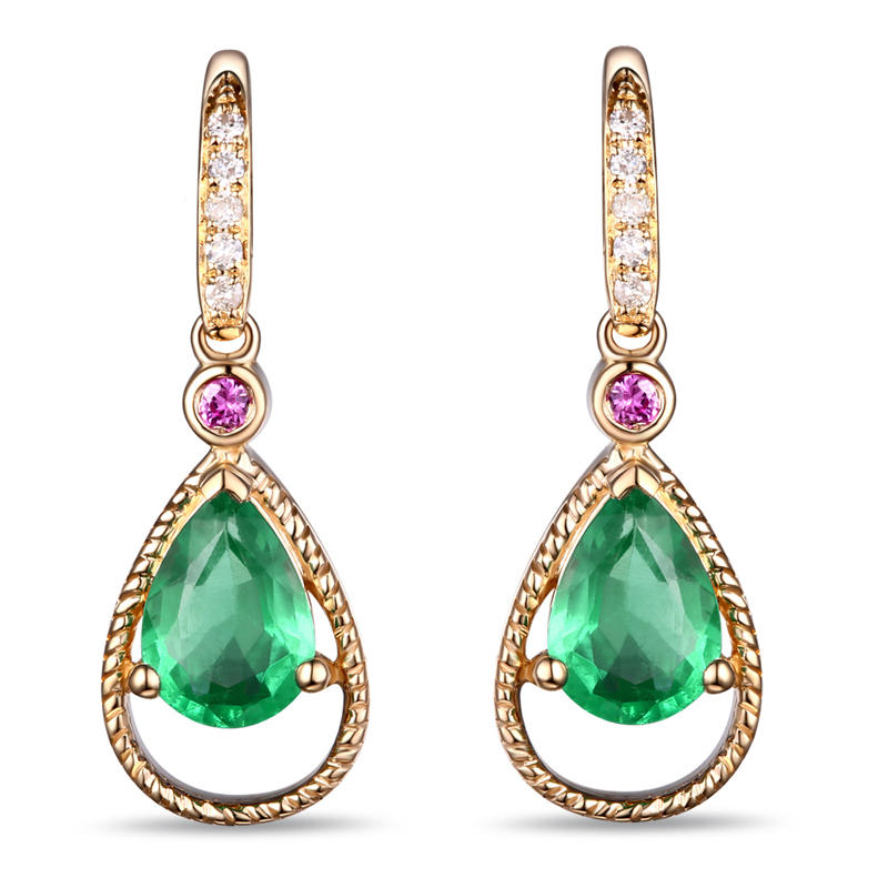 Zlaté smaragdové náušnice s rubíny a diamanty Elsterna 8540