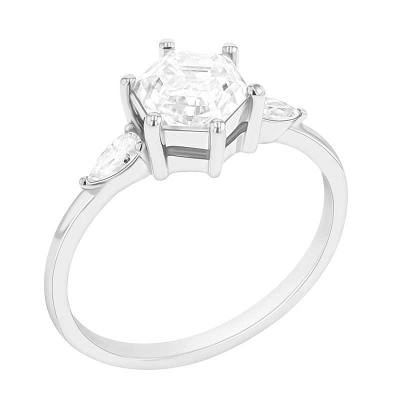 Zásnubní prsten s hexagon moissanitem a pear diamanty ze zlata 90100