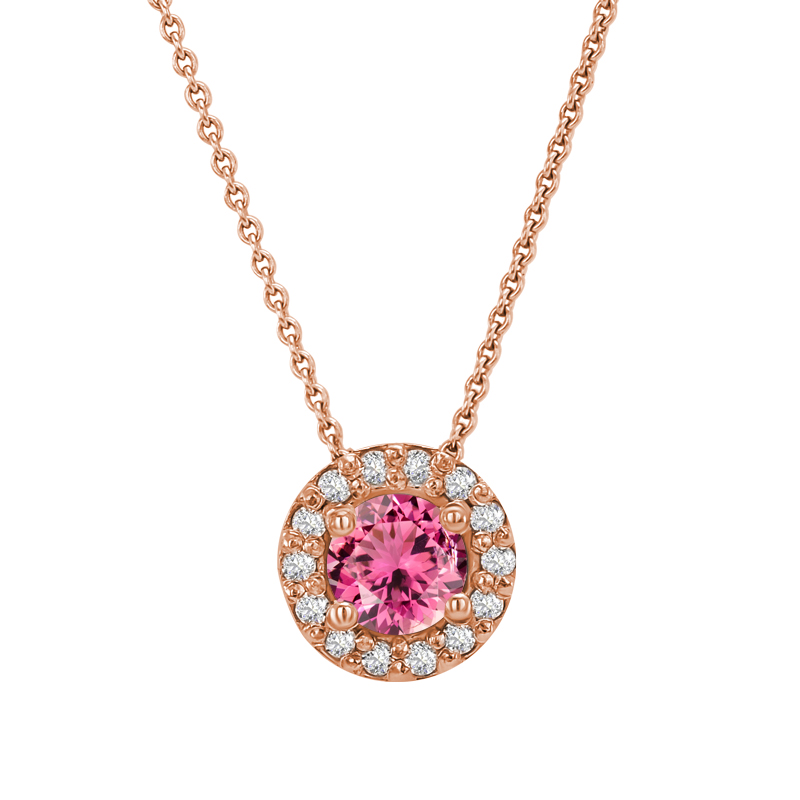 Růžový turmalín v zlatém halo náhrdelníku