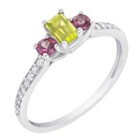 Zlatý diamantový prsten s olivínem a rhodolit granáty Salome