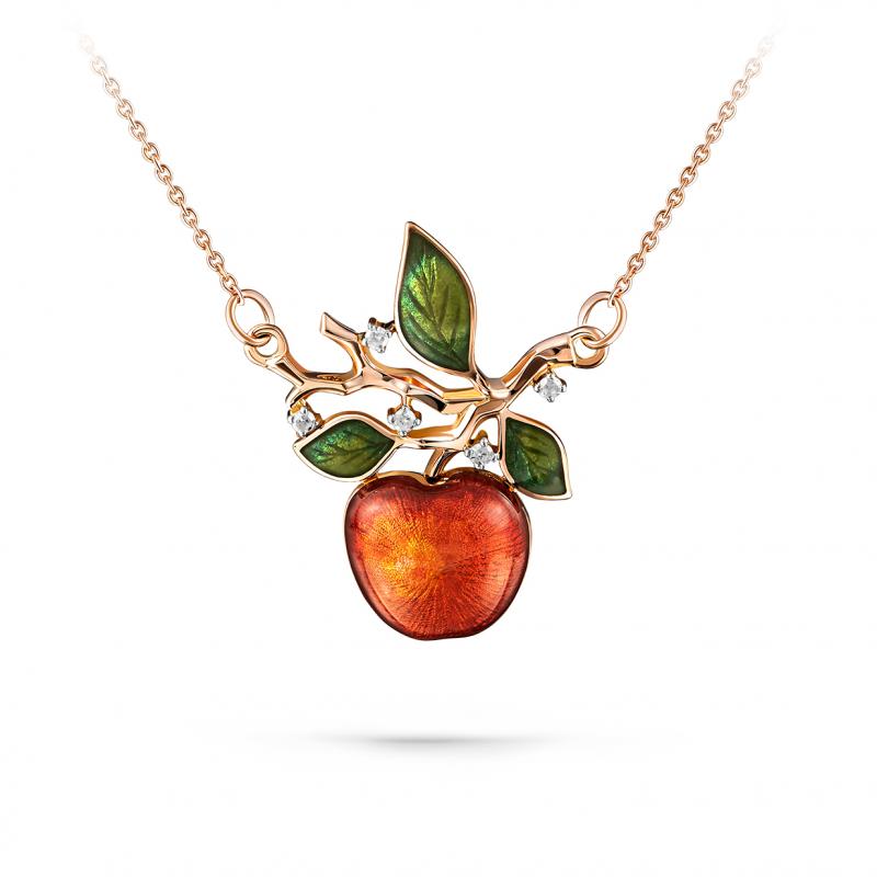Diamantový zlatý náhrdelník s jablkem a enamelem