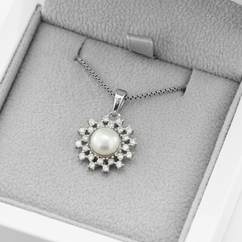 Romantický stříbrný náhrdelník s perlou a zirkony 49221
