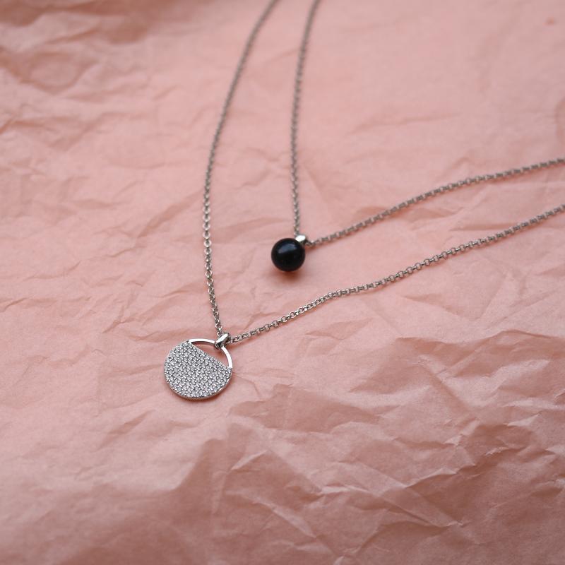 Dvojitý stříbrný náhrdelník s perlou a zirkony 51711