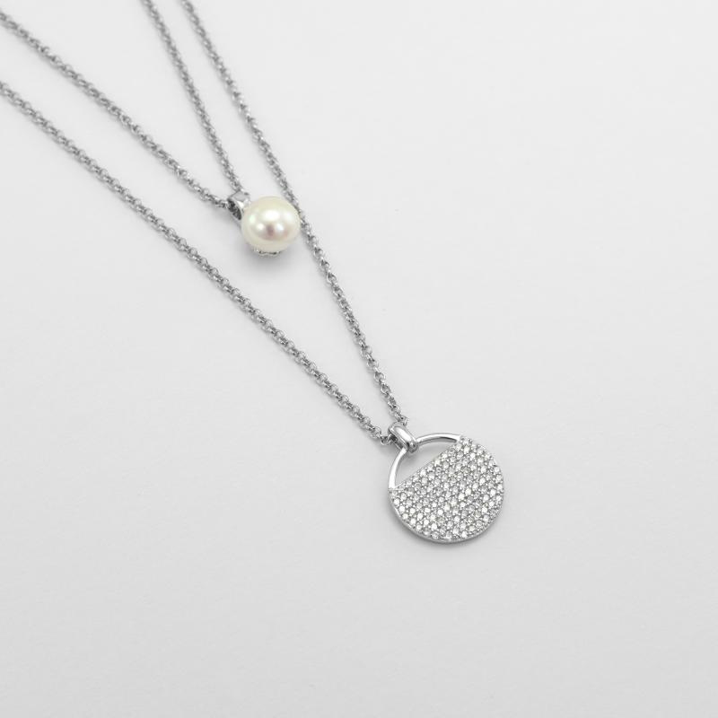 Dvojitý stříbrný náhrdelník s perlou a zirkony 51771