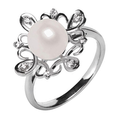 Prsten z bílého zlata s diamanty a perlou