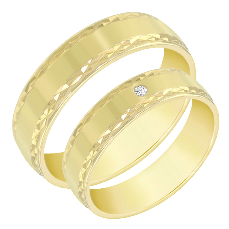 Zlaté snubní prsteny se zdobenými okraji a diamantem Cellaja
