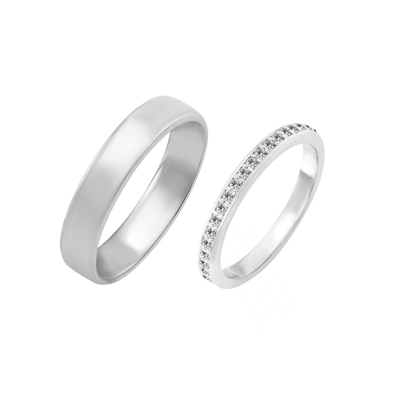 Platinové snubní prsteny s eternity obroučkou a komfortním prstenem