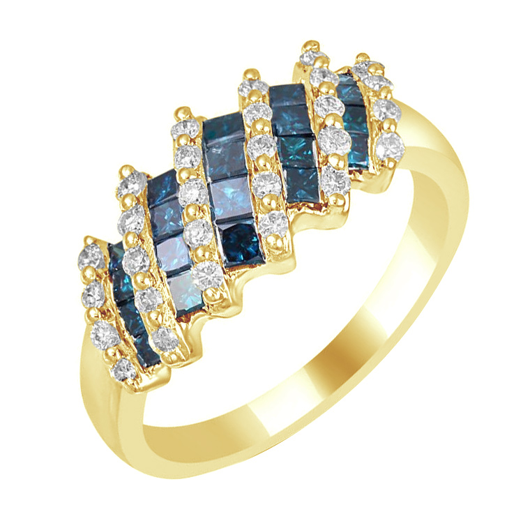 Zlatý prsten s modrými a bílými diamanty 79041
