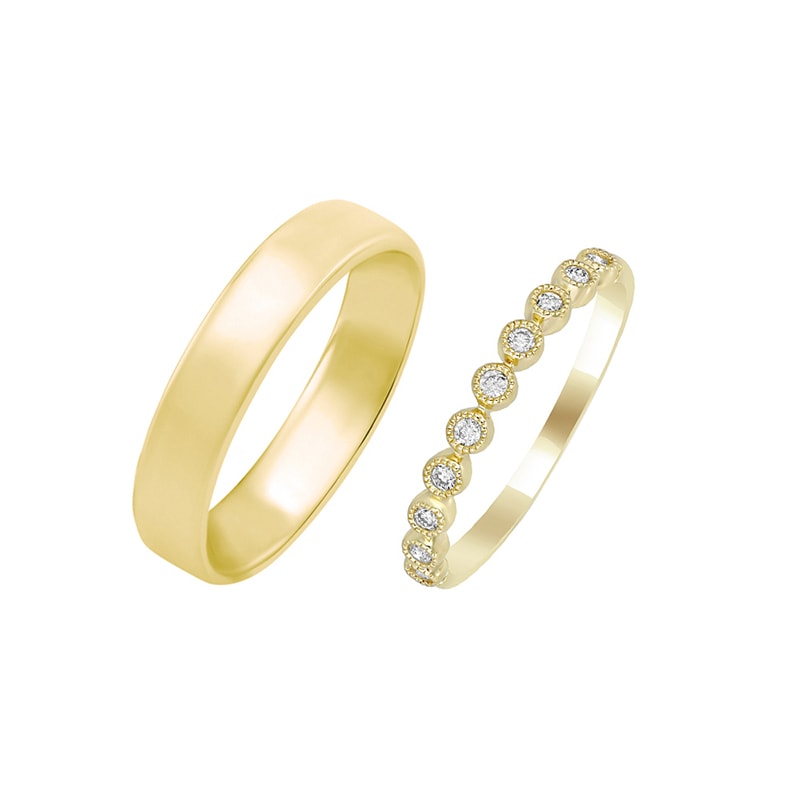 Pánský komfortní snubní prsten a diamantový vintage prsten pro dámy