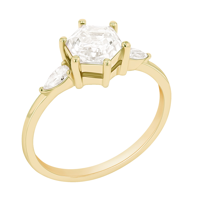 Zásnubní prsten s hexagon moissanitem a pear diamanty ze žlutého zlata 90102