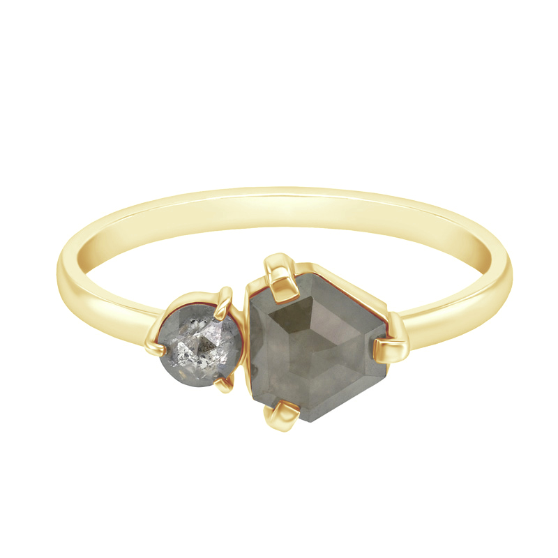 Netradiční zlatý prsten s hexagon a round šedými diamanty Florine 97472