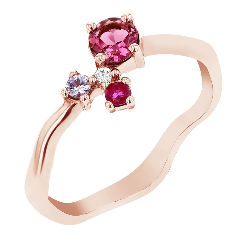 Cluster prsten s turmalínem, tanzanitem, rubínem a diamantem Roche
