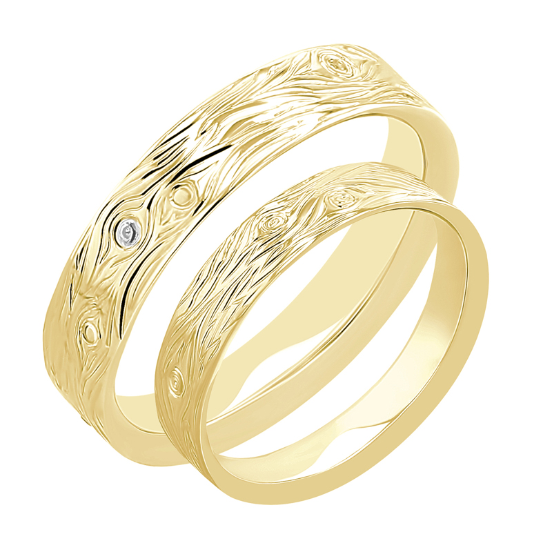 Snubní prsteny s ruční rytinou motivu dřeva a diamanty Dyanna 116433