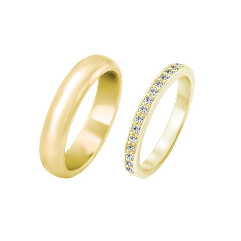 Dámský diamantový eternity prsten a pánský půlkulatý snubní prsten Hay