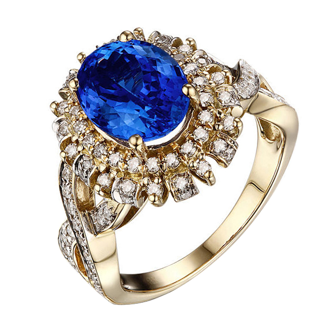 Honosný zlatý prsten s oválným tanzanitem a diamanty Nicole 59783