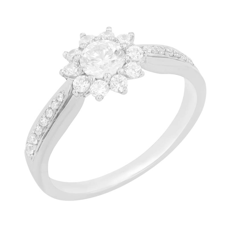 Zásnubní prsten s diamanty ve tvaru květiny z bílého zlata 85773