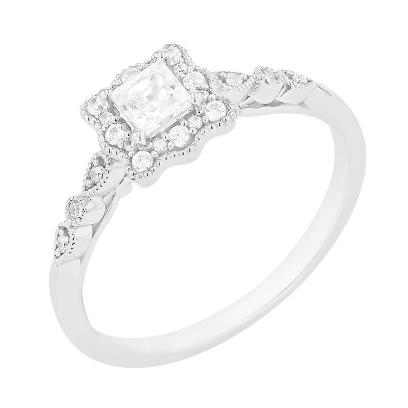 Vintage prsten s třpytivými diamanty ze bílého zlata 91543