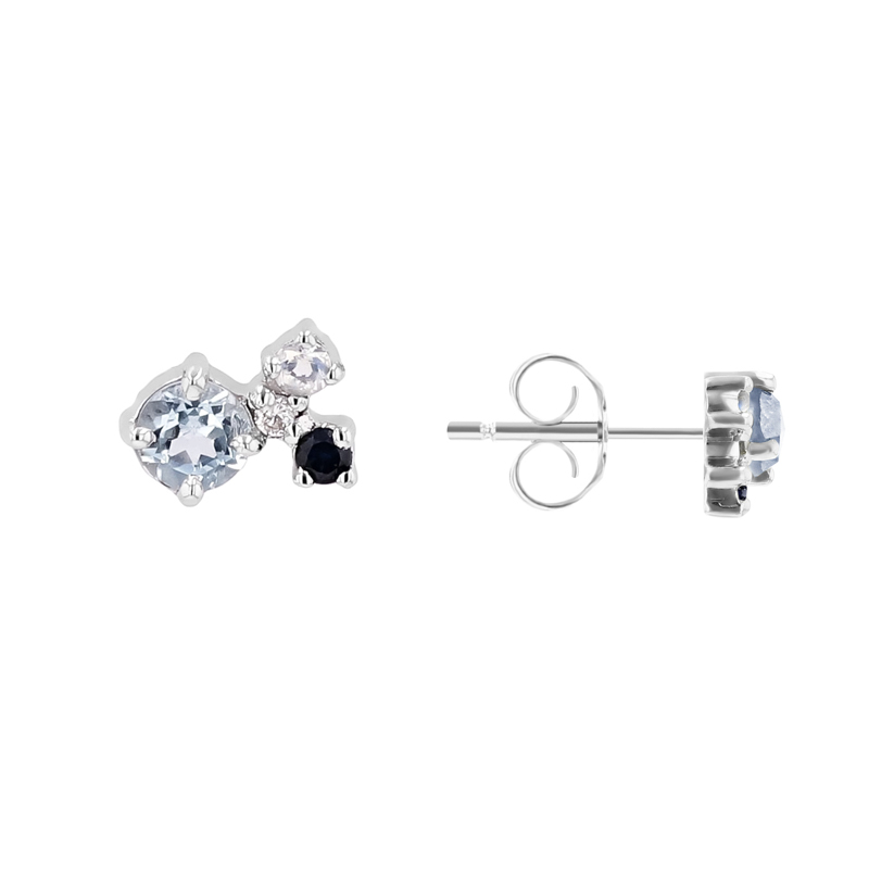 Stříbrné cluster náušnice s akvamarínem, safírem, měsíčním kamenem a diamantem Kerrie 116124