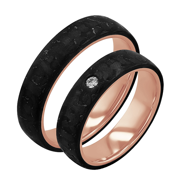 Eppi Mírně zaoblené snubní prsteny z karbonu a zlata s diamantem Katu RW46113