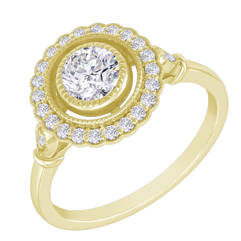 Zásnubní prsten s moissanitem v halo stylu ze žlutého zlata