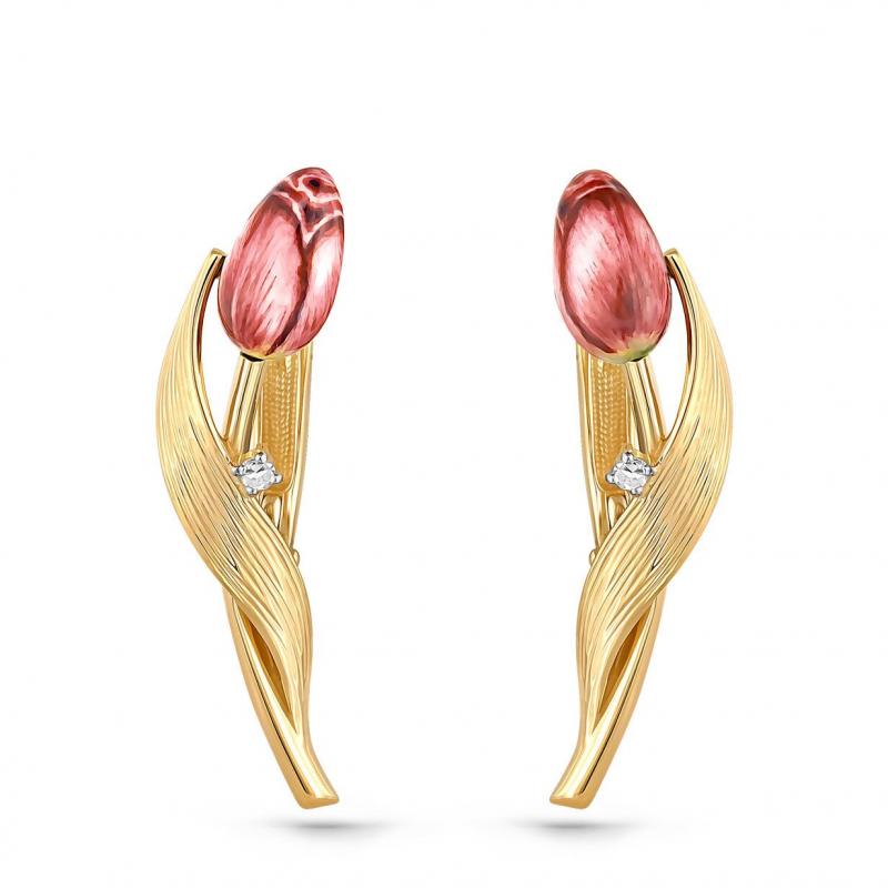 Zlaté tulipánové náušnice s enamelem a diamanty Arietty