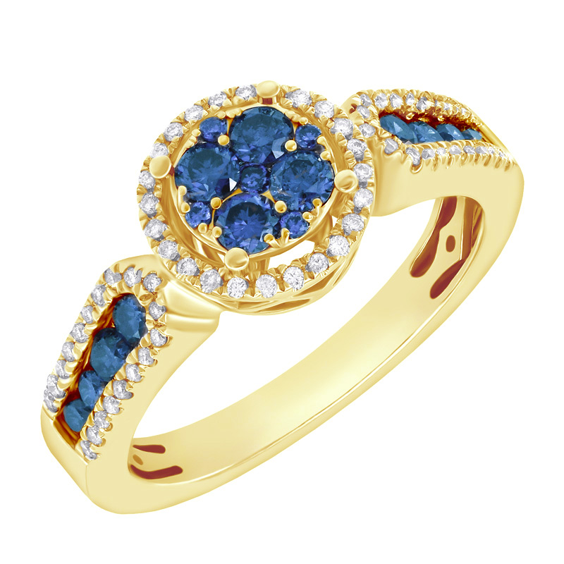 Zlatý prsten s modrými a bílými diamanty