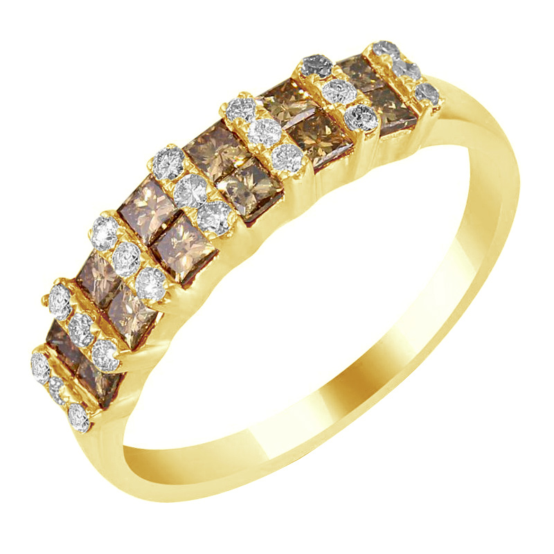 Zlatý prsten s champagne a bílými diamanty 79144