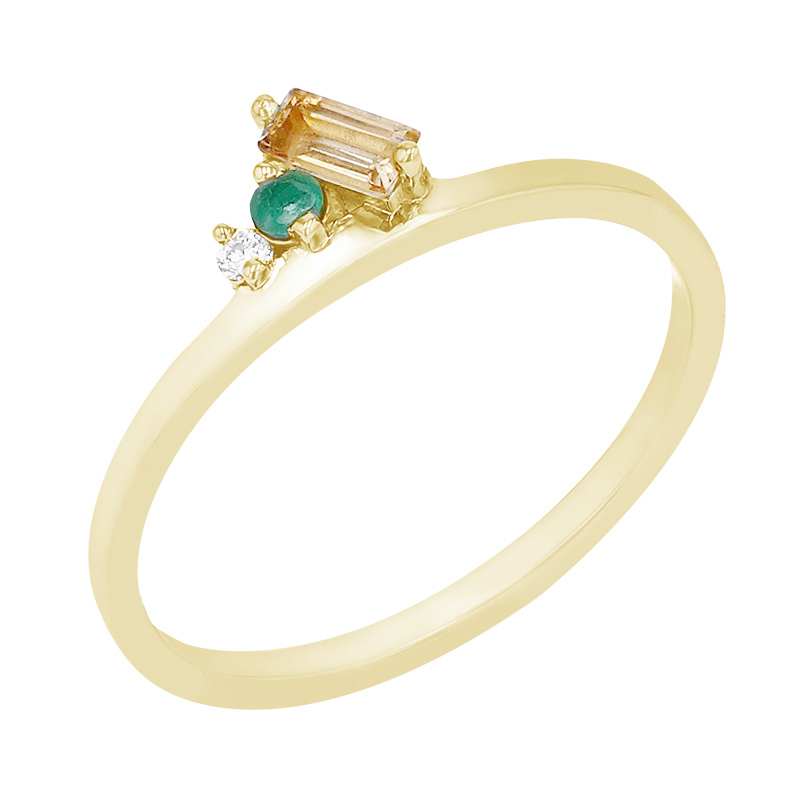 Cluster prsten ze žlutého zlata s citrínem, smaragdem a diamantem