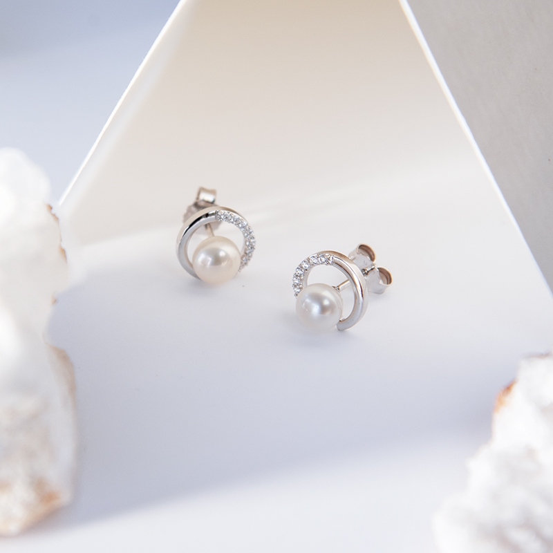 Stříbrné náušnice s perlou a zirkonem Anieta 108435