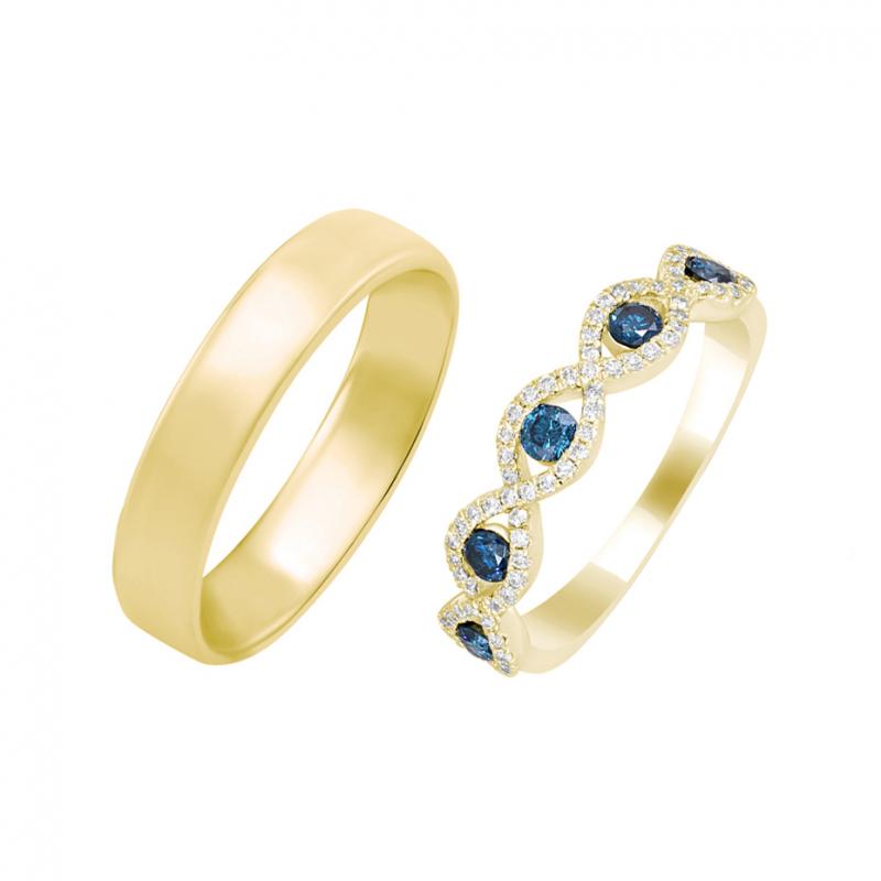 Snubní zlaté prsteny s modrými diamanty 36485