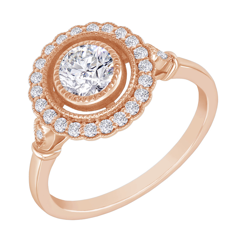 Zásnubní prsten s moissanitem v halo stylu z růžového zlata