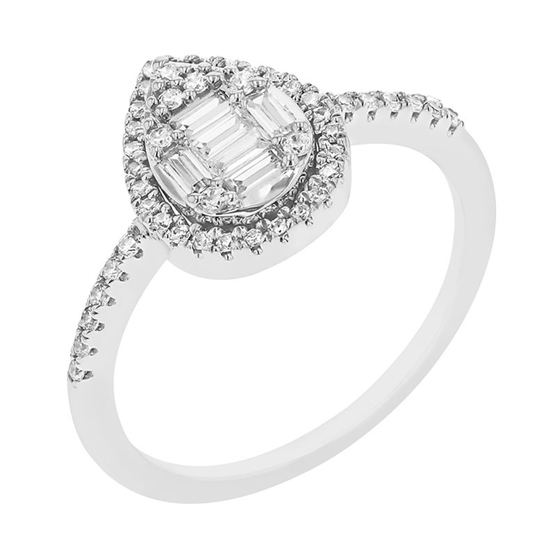 Třpytivý diamantový prsten ve tvaru kapky z bílého zlata
