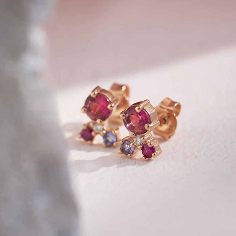 Cluster náušnice s turmalínem, tanzanitem, rubínem a diamantem Kerrie 110576