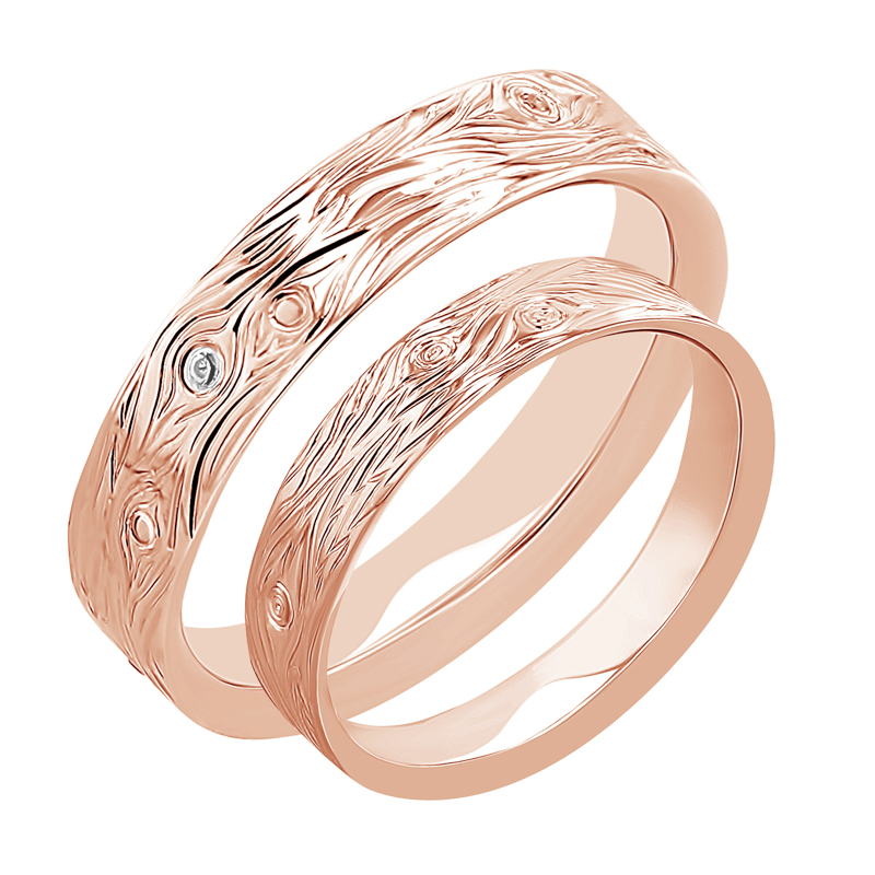 Snubní prsteny s ruční rytinou motivu dřeva a diamanty Dyanna 116436