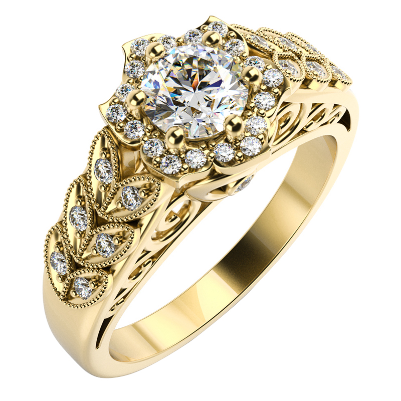 Zlatý halo prsten s lístečky plné diamantů Manuela