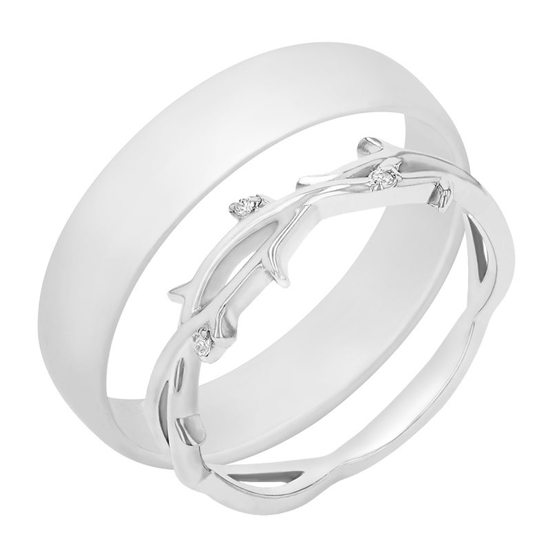 Dámský snubní prsten ve tvaru větviček a pánský komfortní prsten z bílého zlata