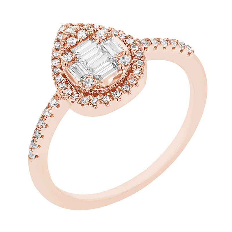 Třpytivý diamantový prsten ve tvaru kapky z růžového zlata 79706