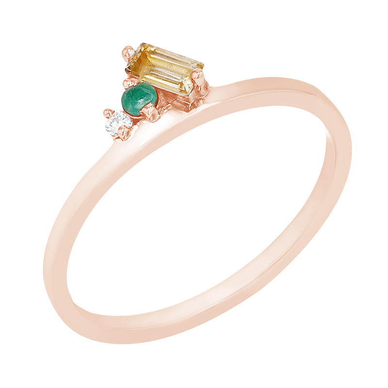 Cluster prsten z růžového zlata s citrínem, smaragdem a diamantem