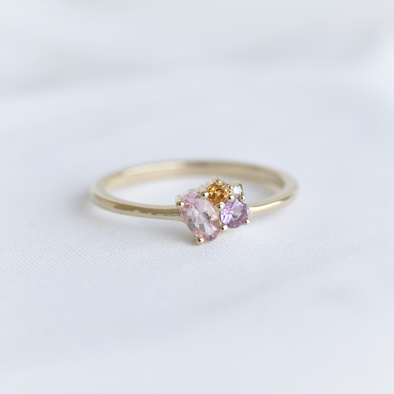 Zlatý cluster prsten s morganitem, safírem, citrínem 90386