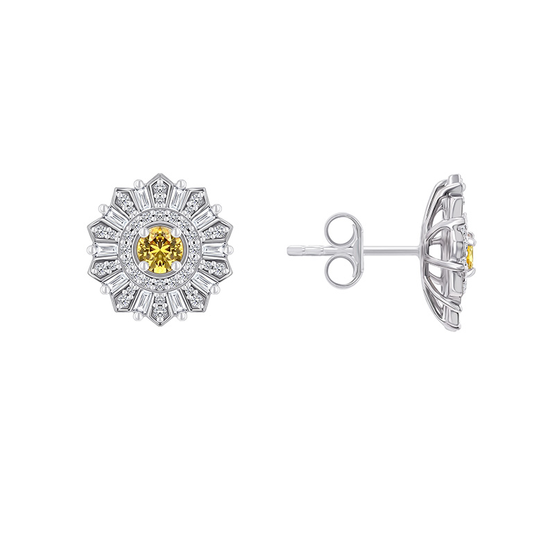 Náušnice ve tvaru květiny s diamanty a žlutým safírem ze zlata 92046