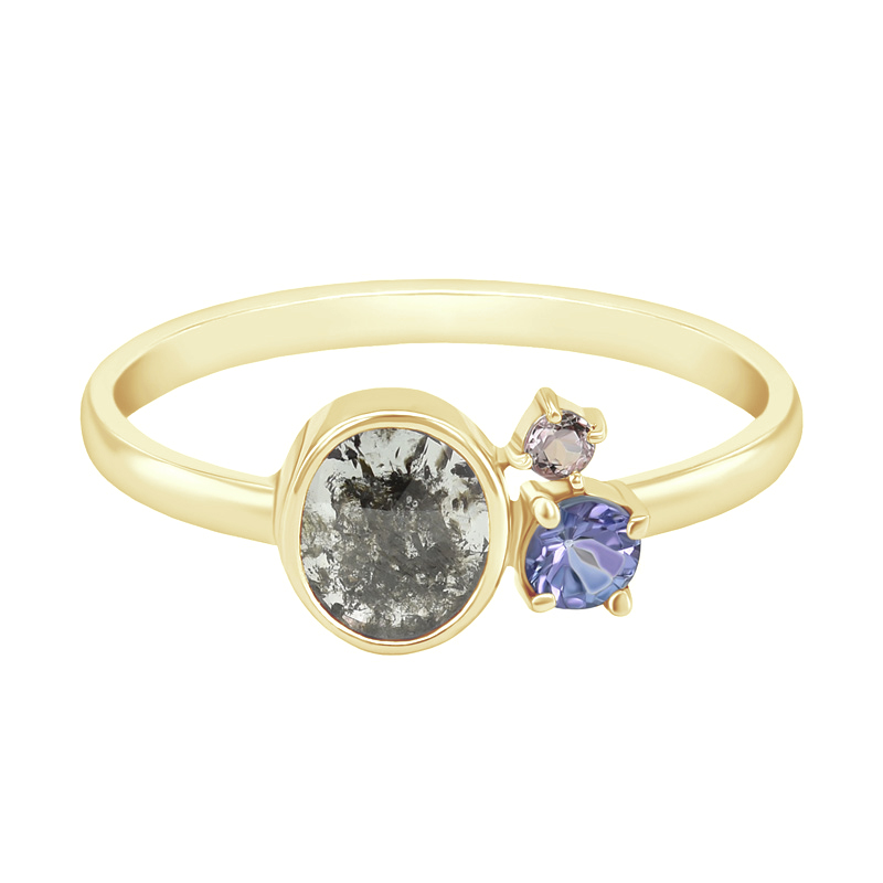 Zlatý cluster prsten s šedým diamantem, tanzanitem a morganitem Lara 97476