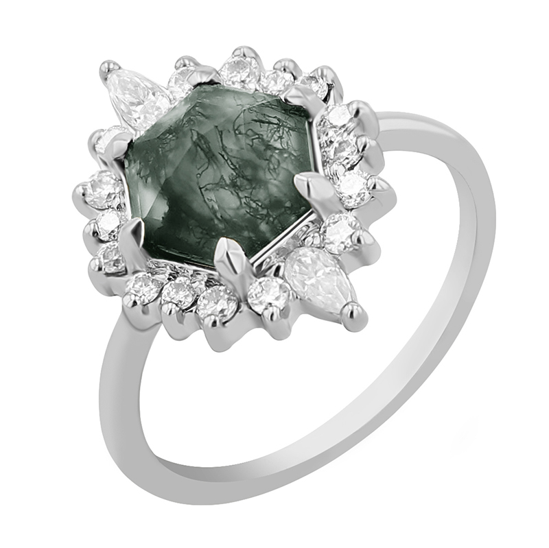 Elegantní prsten s mechovým achátem a moissanity Melia 114587