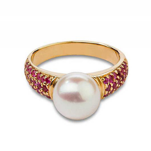 Zlatý prsten s perlou a rubíny